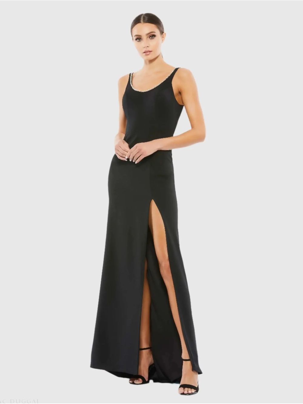 Mac Duggal Sleeveless Crystal Scoop Neckline Column Gown with High Slit